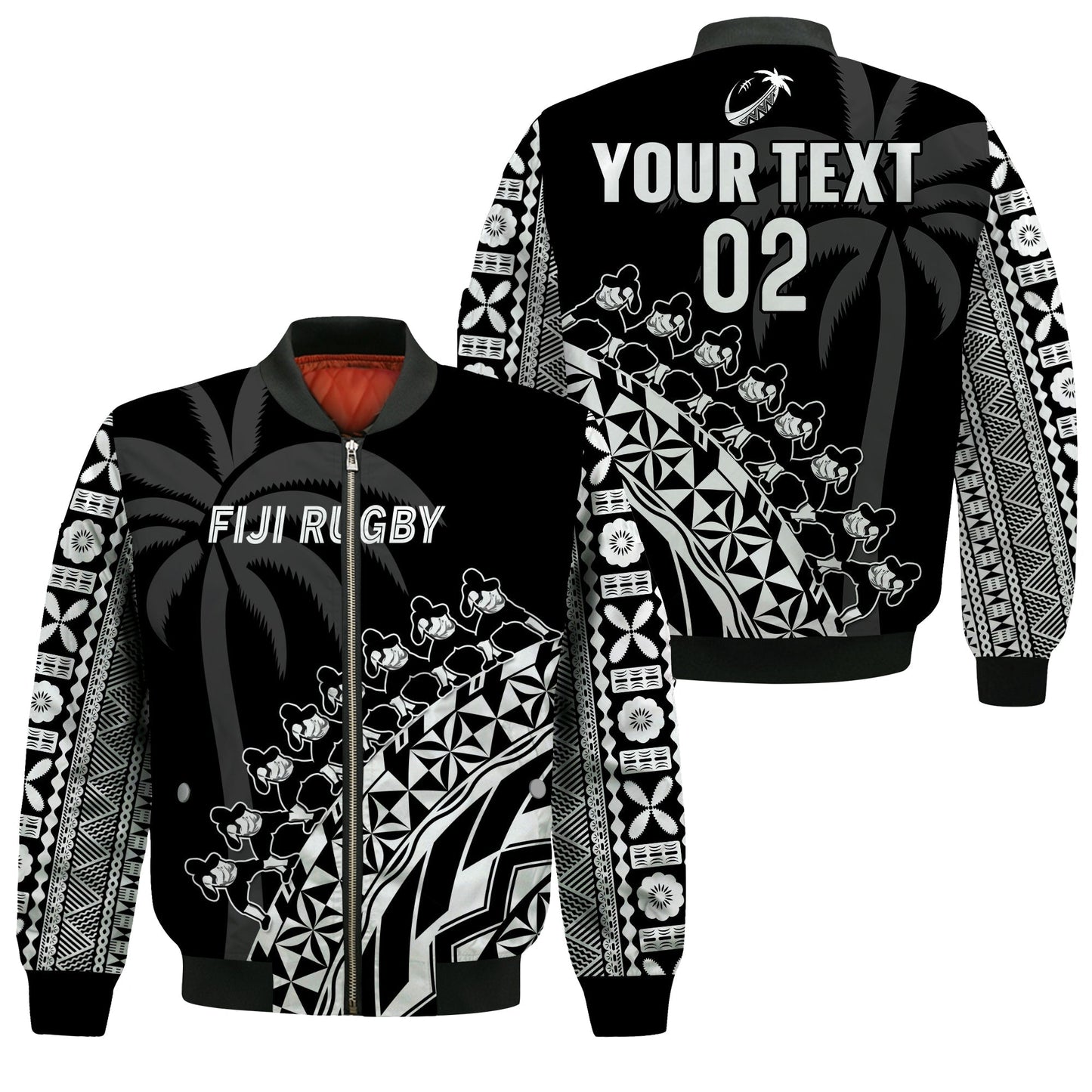 (Custom Text And Number) Fiji Rugby Bomber Jacket Fijian Cibi Dance Tapa Pattern Black