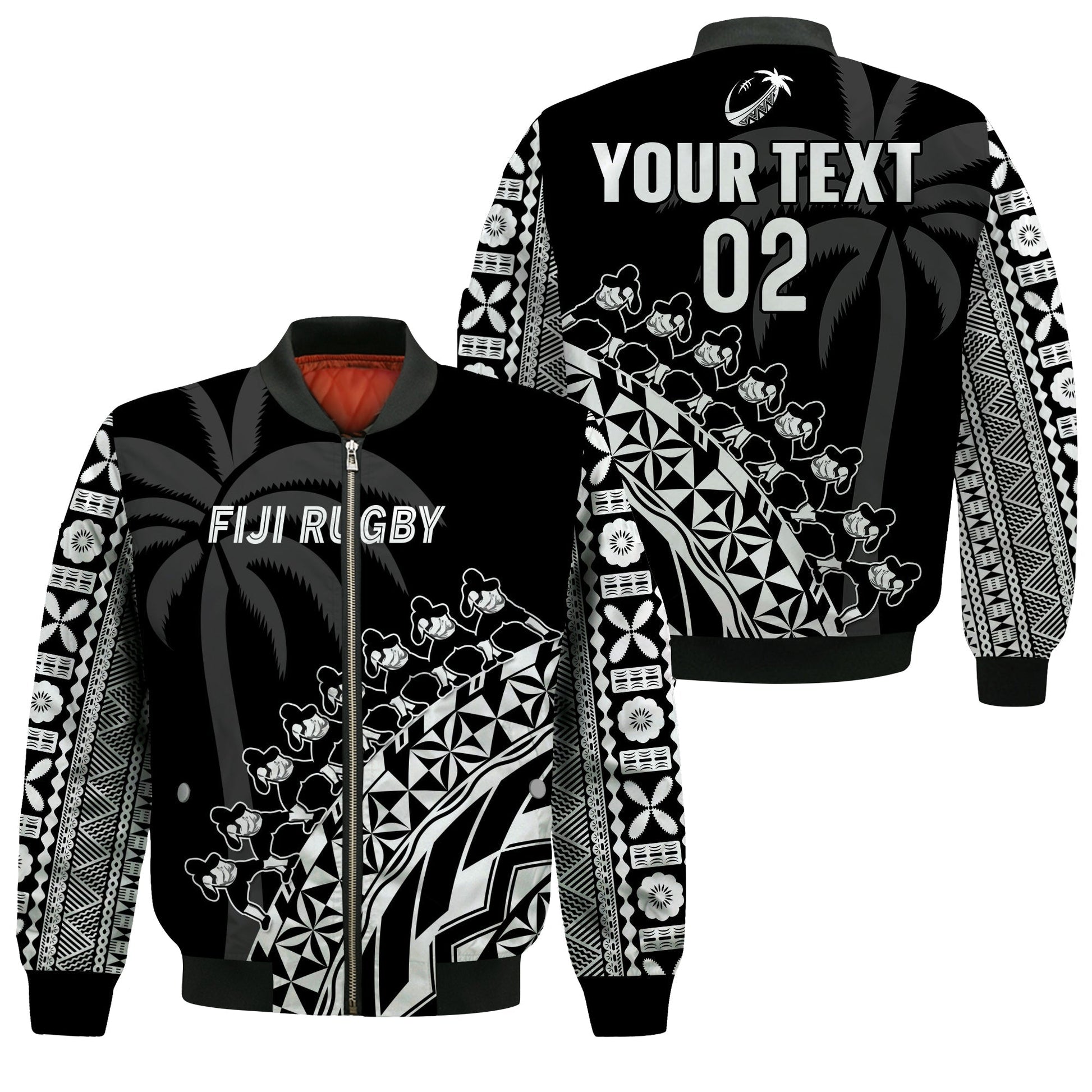 (Custom Text And Number) Fiji Rugby Bomber Jacket Fijian Cibi Dance Tapa Pattern Black