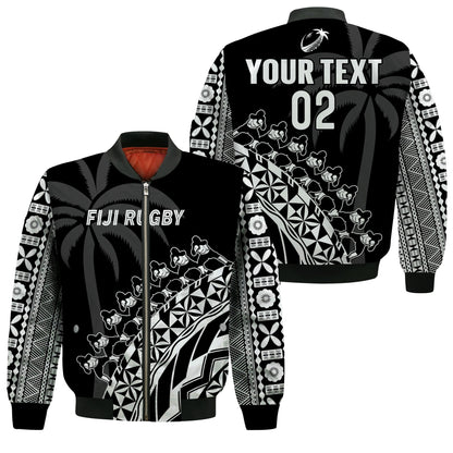 (Custom Text And Number) Fiji Rugby Bomber Jacket Fijian Cibi Dance Tapa Pattern Black