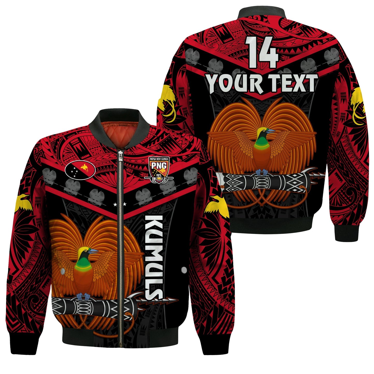 (Custom Text And Number) Papua New Guinea Rugby Bomber Jacket PNG Kumuls Bird Of Paradise Black