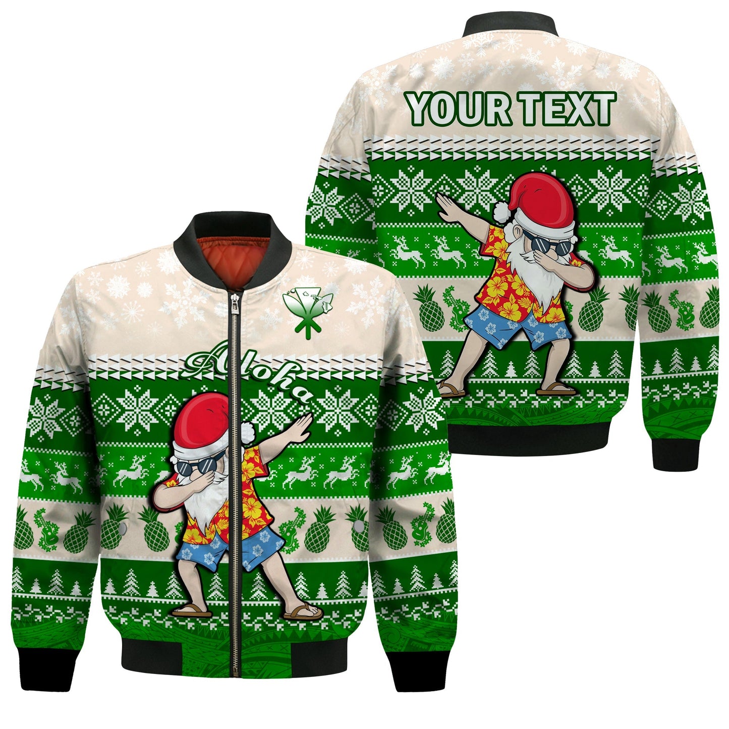 (Custom Personalised) Hawaii Mele Kalikimaka Bomber Jacket Dabbing Santa Green Merry Christmas