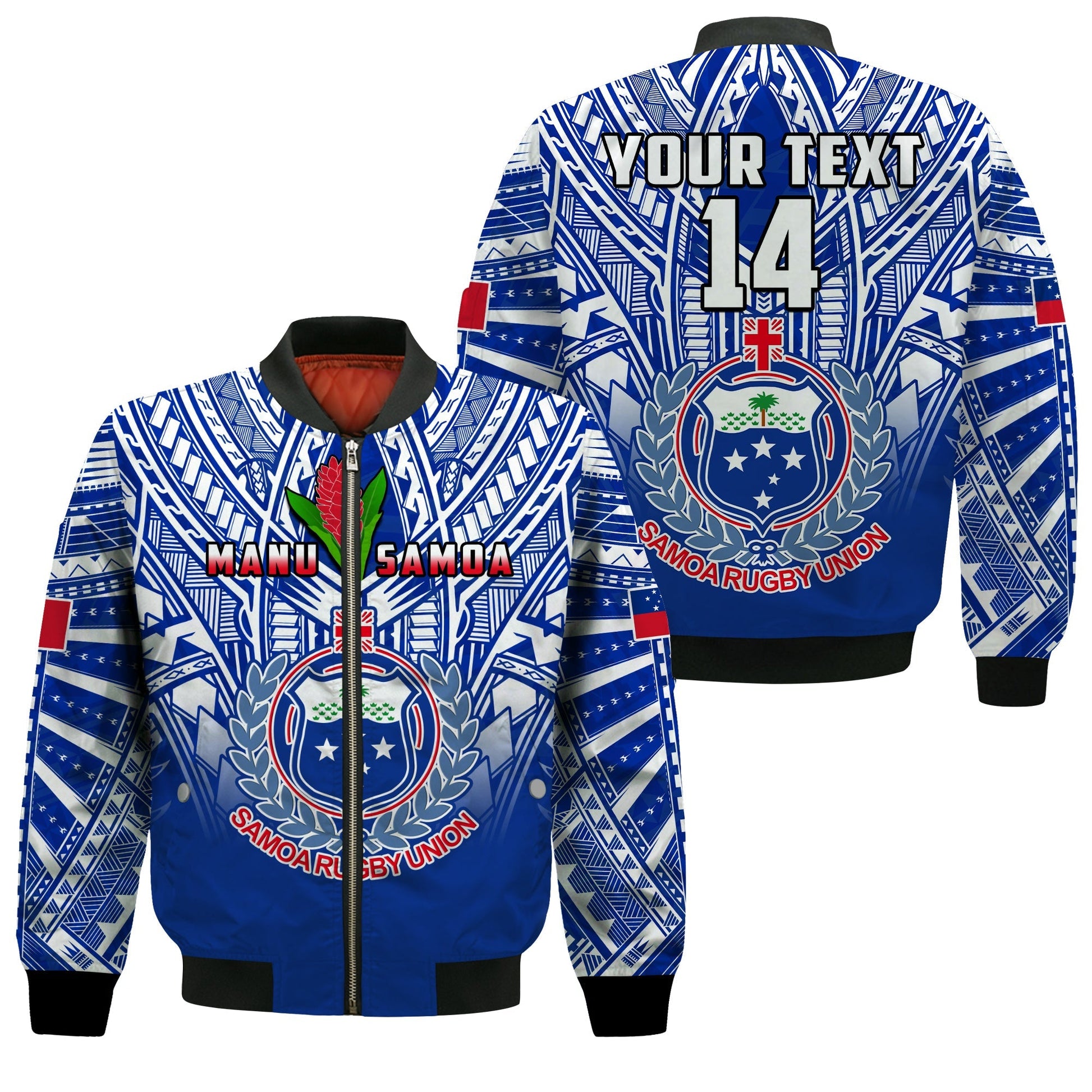 (Custom Text And Number) Samoa Rugby Bomber Jacket Manu Samoa 7s Ginger Blue Polynesian