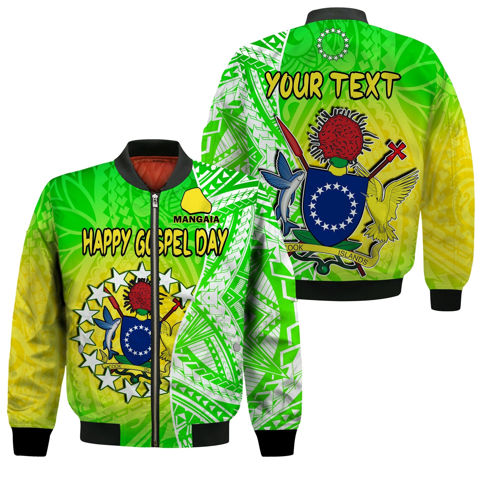 (Custom Personalised) Happy Mangaia Gospel Day Bomber Jacket Cook Islands Coat Of Arms Polynesian Pattern