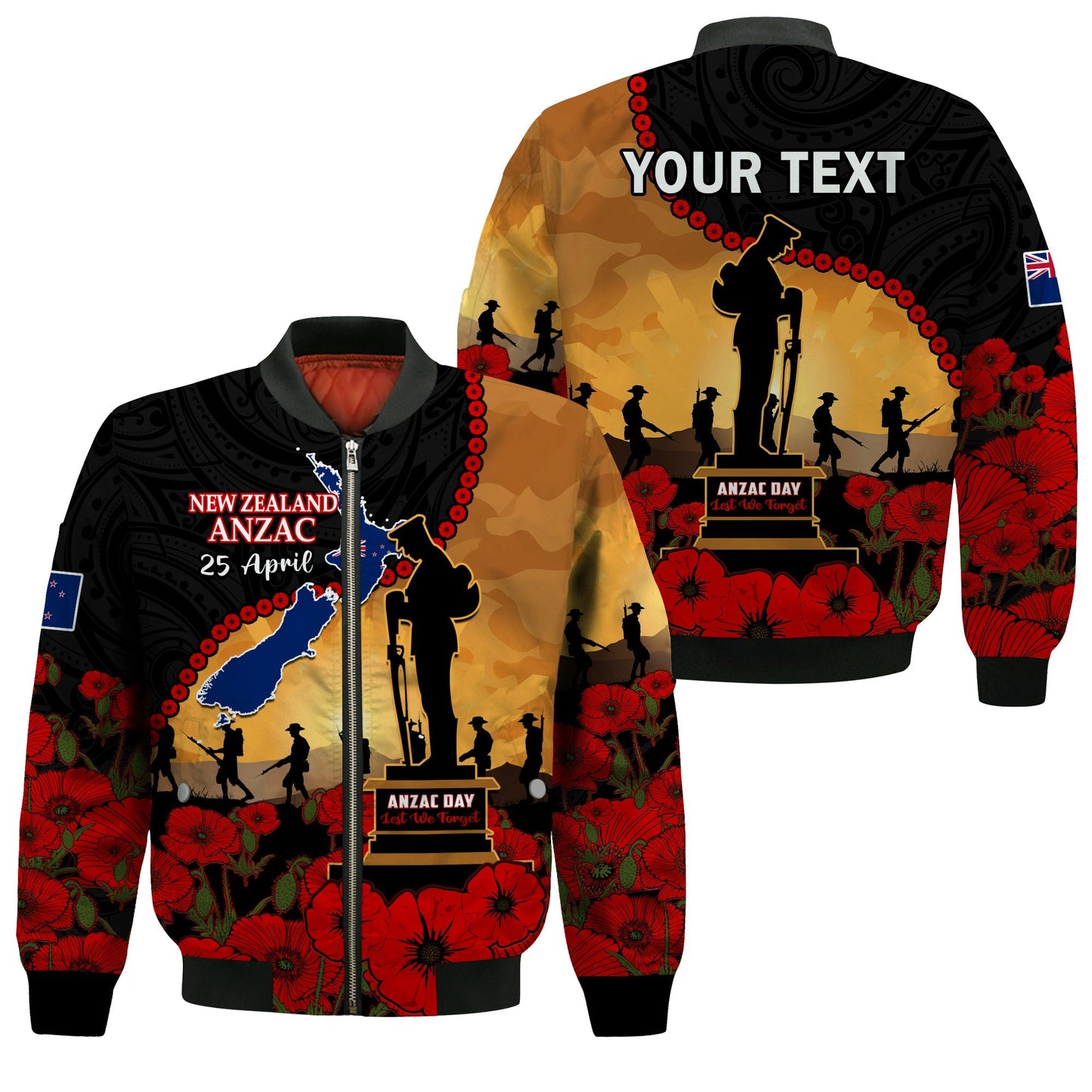 (Custom Personalised) New Zealand Anzac Bomber Jacket Maori Camouflage Mix Poppies We Will Remember Them