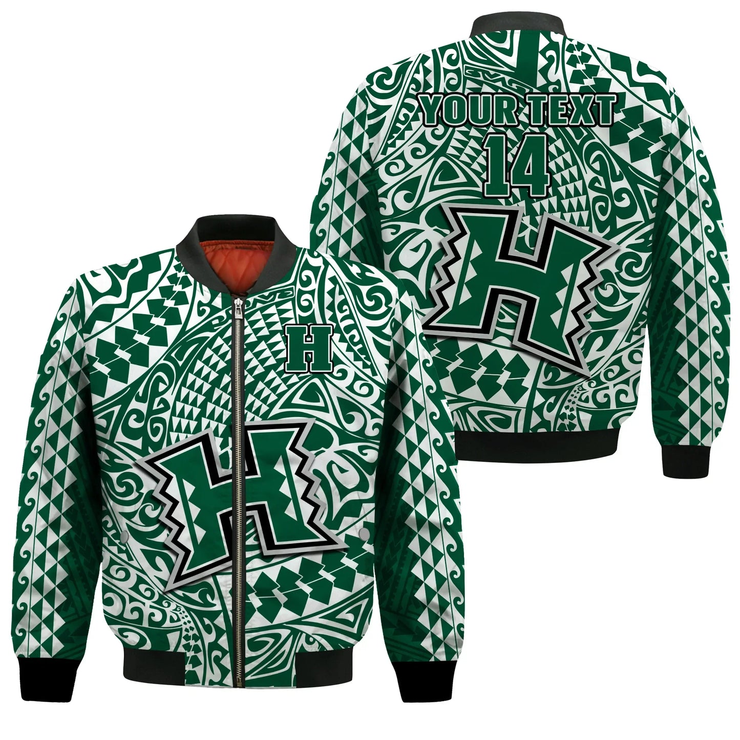 (Custom Text And Number) Hawaii Football Bomber Jacket Rainbow Warriors Tribal Kakau