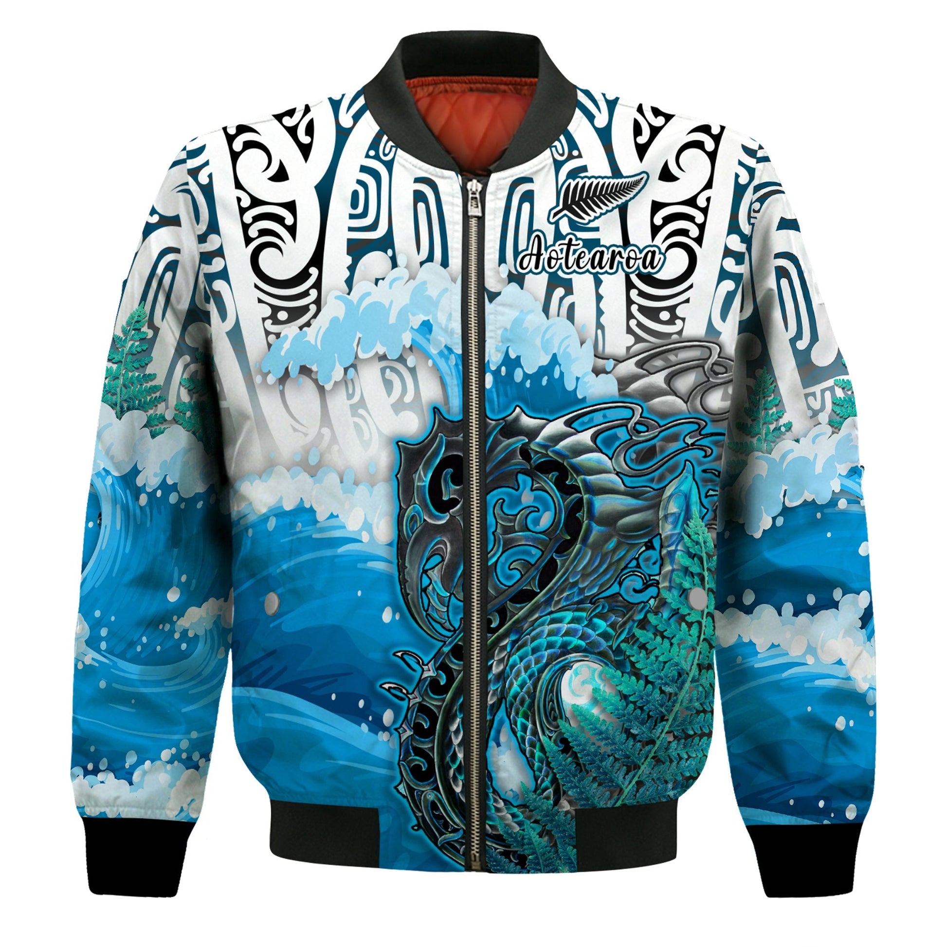 (Custom Personalised) Manaia Maori Bomber Jacket Fern Aotearoa Blue Waves