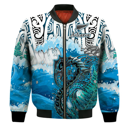 (Custom Personalised) Manaia Maori Bomber Jacket Fern Aotearoa Blue Waves