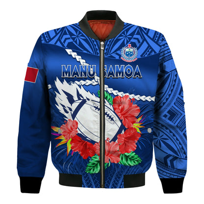 Samoa Rugby Bomber Jacket Manu Samoa Polynesian Hibiscus Blue Style