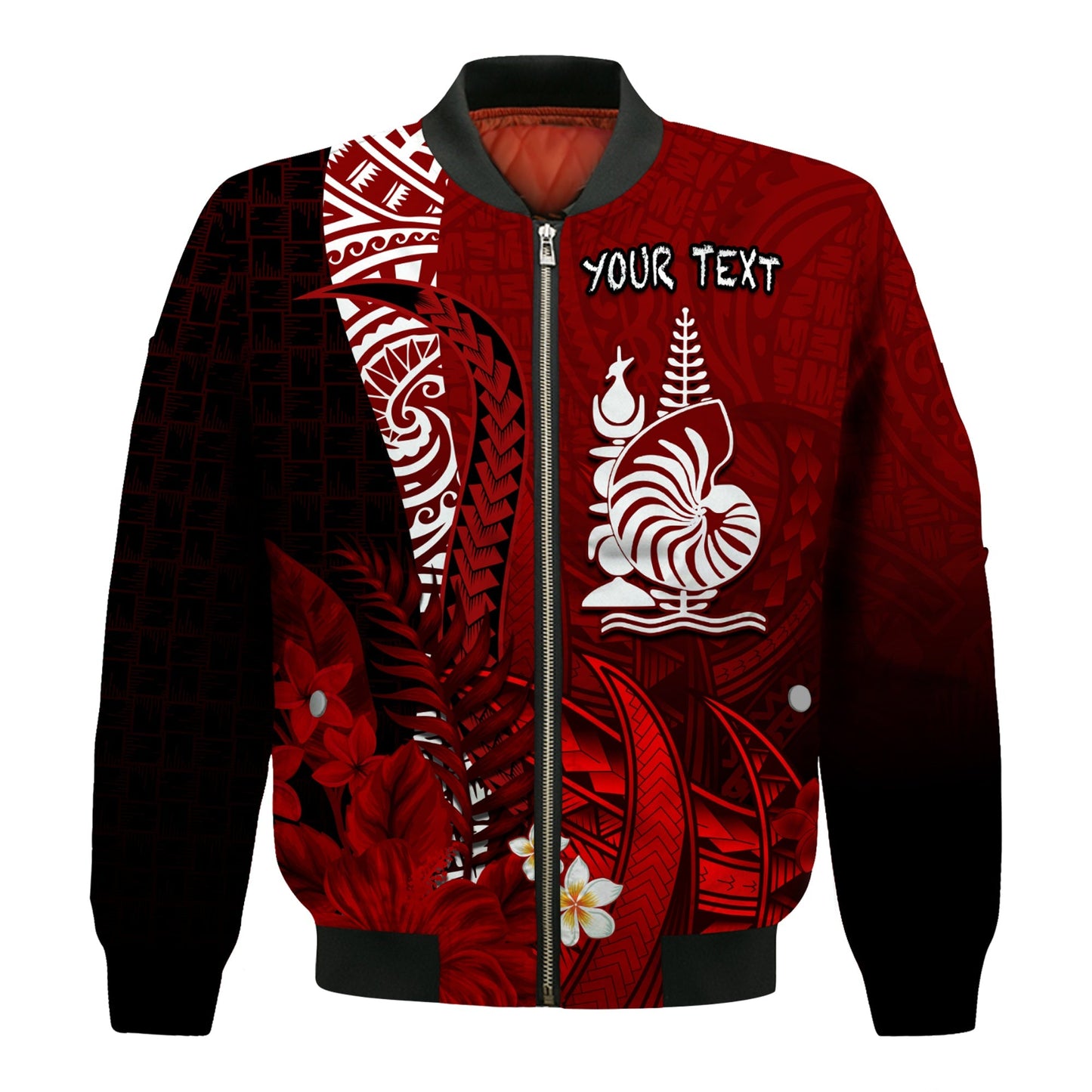 (Custom Personalised) New Caledonia Bomber Jacket Nautilus Red Polynesian Hibiscus