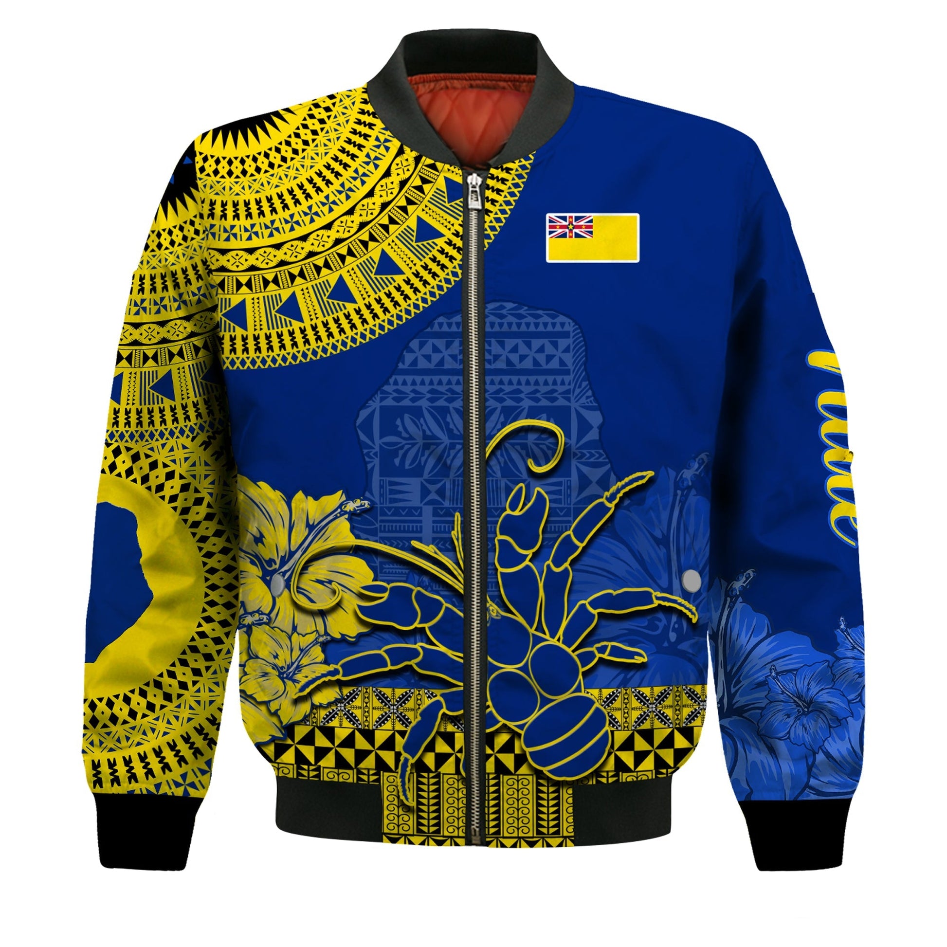 Niue Hiapo Bomber Jacket Rock of Polynesia Tapa Niuean Crab Happy Day