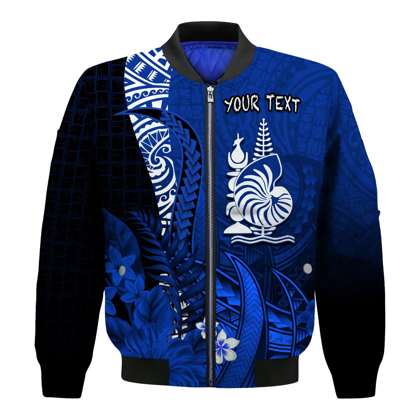 (Custom Personalised) New Caledonia Bomber Jacket Nautilus Blue Polynesian Hibiscus