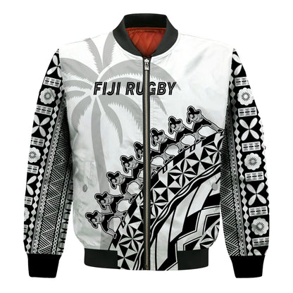 Fiji Rugby Bomber Jacket Fijian Cibi Dance Tapa Pattern White