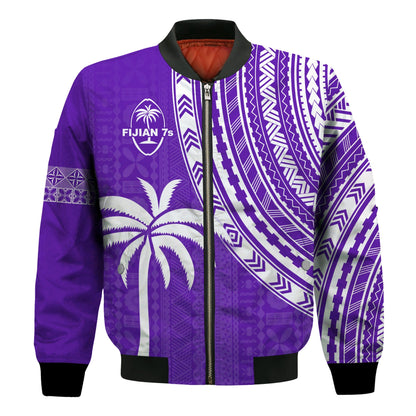 (Custom Text and Number) Fiji Rugby Sevens Bomber Jacket Fijian 7s Tapa Polynesian Purple