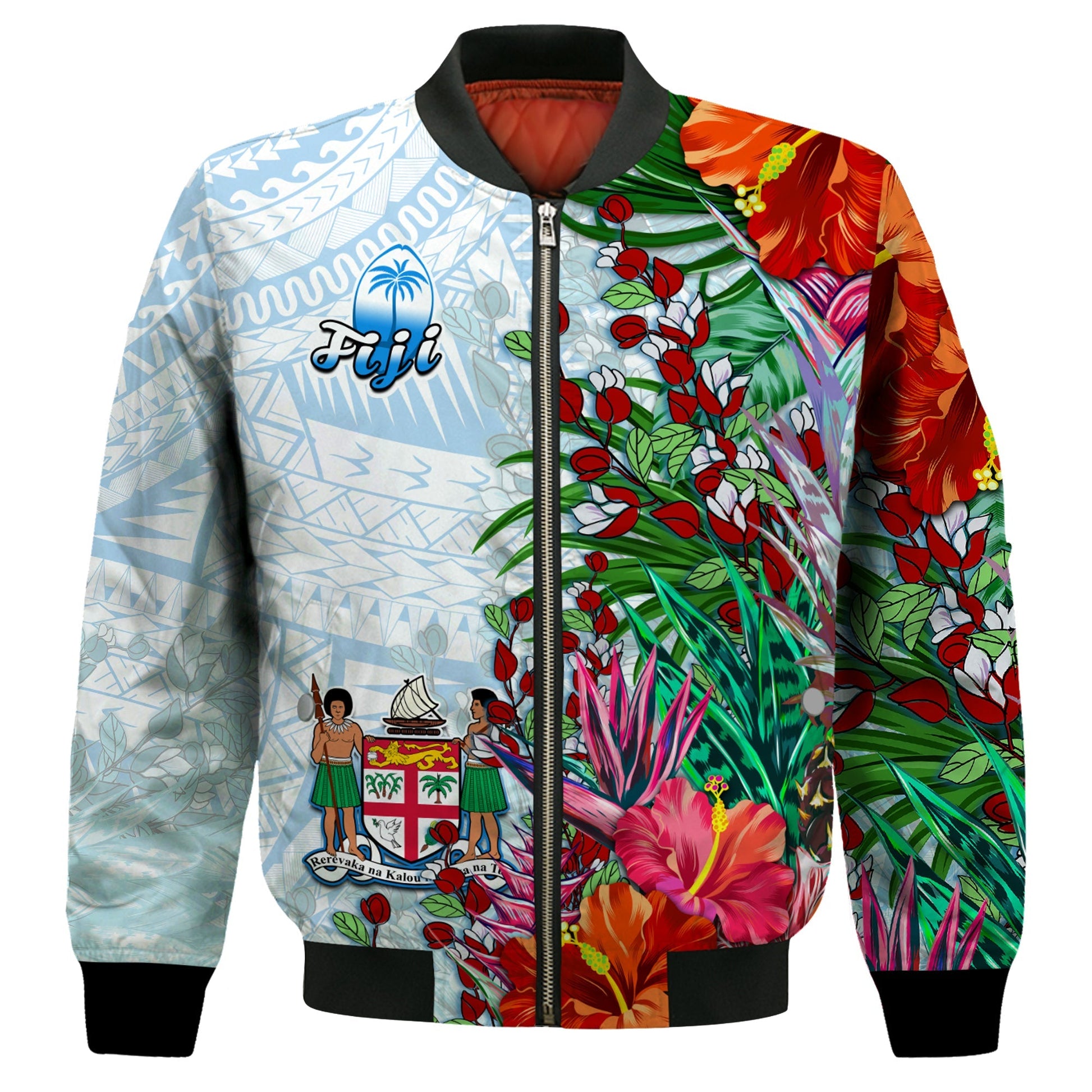 Fiji Bomber Jacket Proud Fijian Tapa mix Tagimoucia Flowers