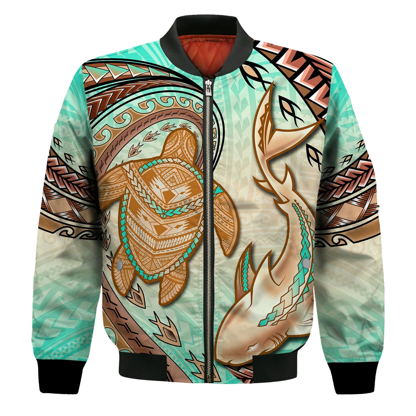 Hawaii Bomber Jacket Polynesian Shark And Sea Turtle Dreamy Turquoise Artsy