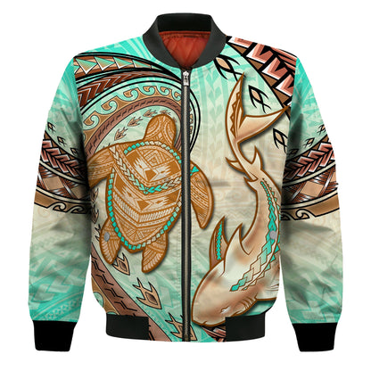 Hawaii Bomber Jacket Polynesian Shark And Sea Turtle Dreamy Turquoise Artsy