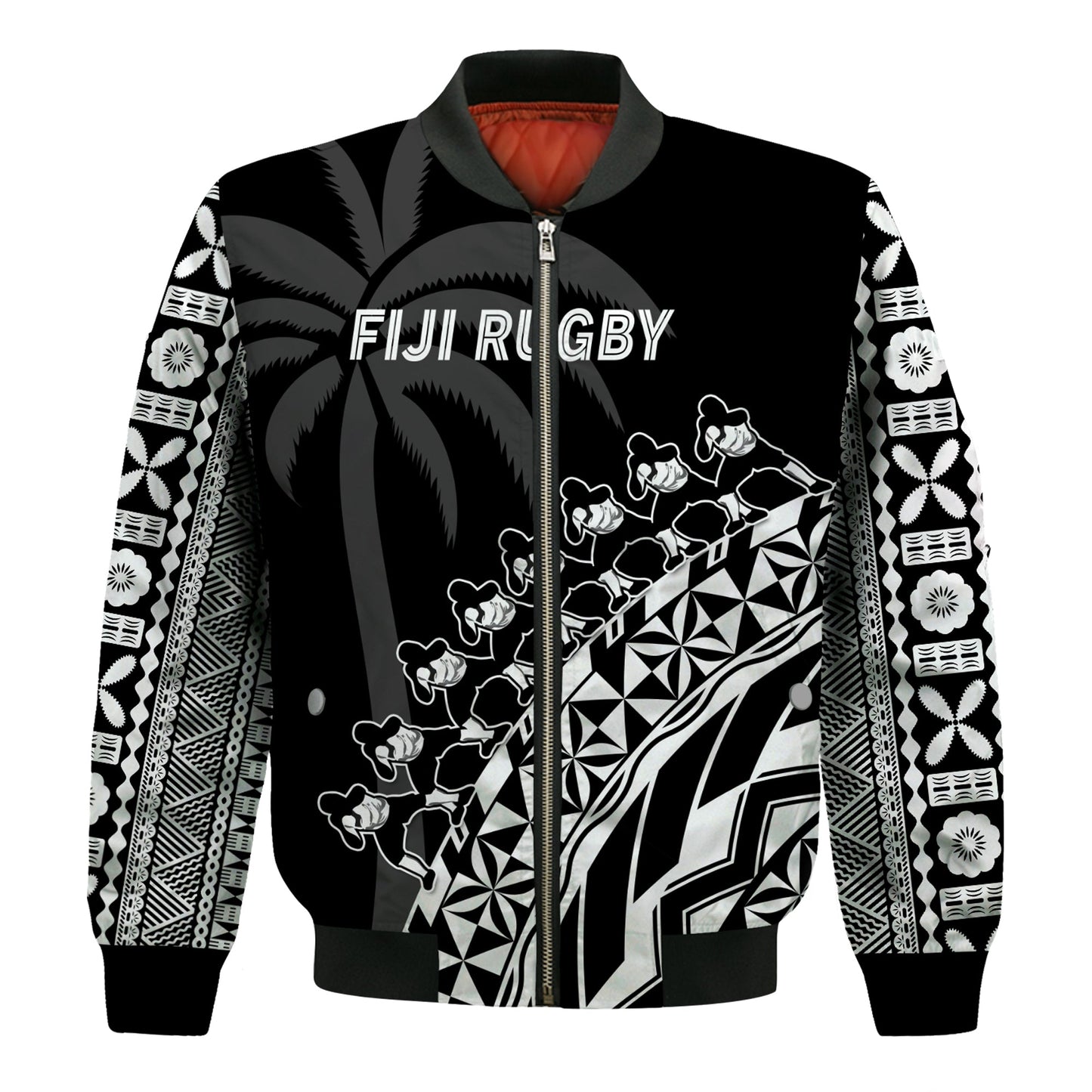 Fiji Rugby Bomber Jacket Fijian Cibi Dance Tapa Pattern Black