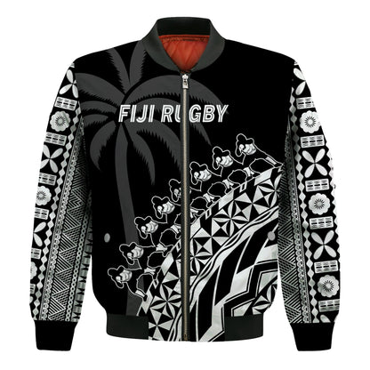 Fiji Rugby Bomber Jacket Fijian Cibi Dance Tapa Pattern Black