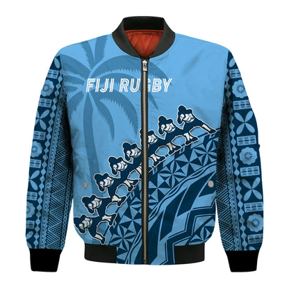 (Custom Text And Number) Fiji Tapa Rugby Bomber Jacket Fijian Cibi Dance Tapa Pattern Blue