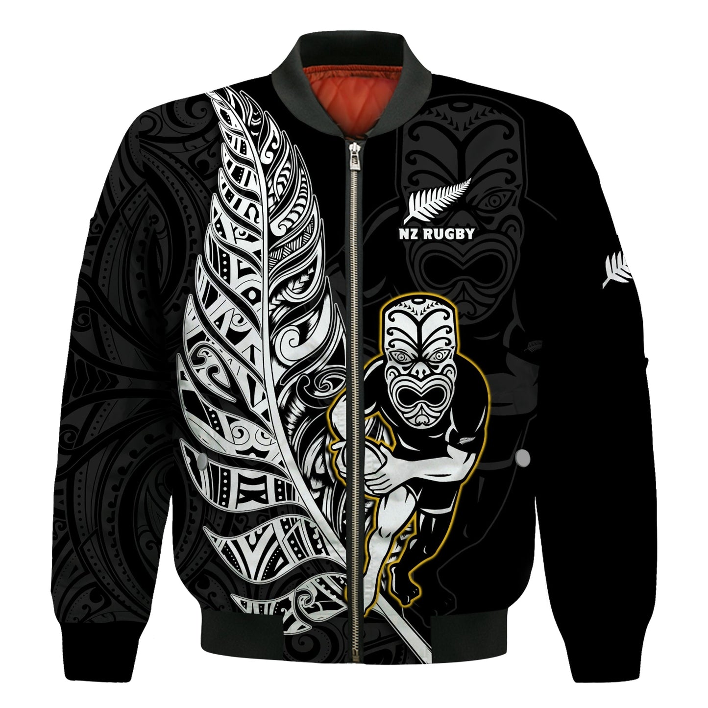 (Custom Text And Number) New Zealand Silver Fern Rugby Bomber Jacket All Black Maori Version Black
