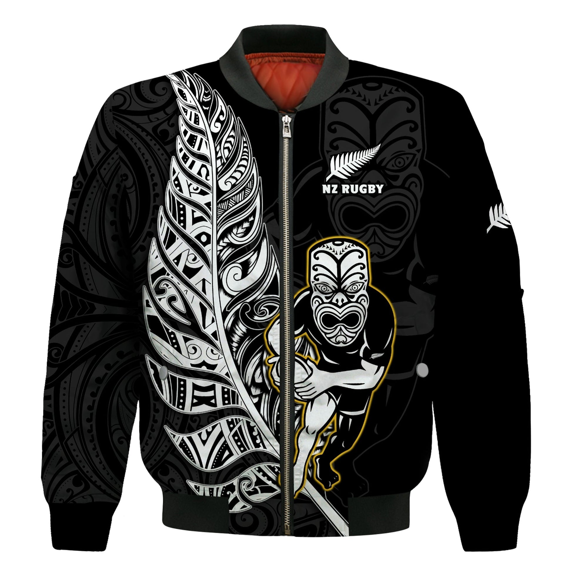 (Custom Text And Number) New Zealand Silver Fern Rugby Bomber Jacket All Black Maori Version Black