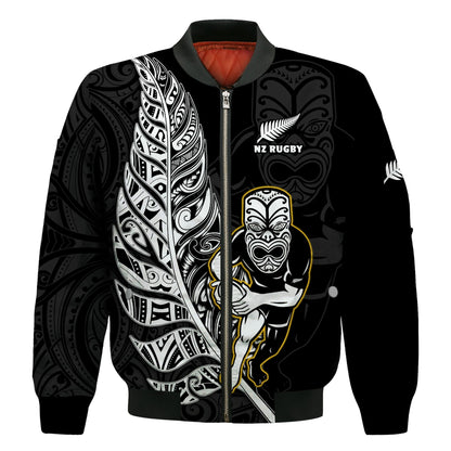 (Custom Text And Number) New Zealand Silver Fern Rugby Bomber Jacket All Black Maori Version Black