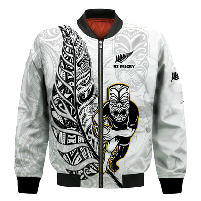(Custom Text And Number) New Zealand Silver Fern Rugby Bomber Jacket All Black Maori Version White