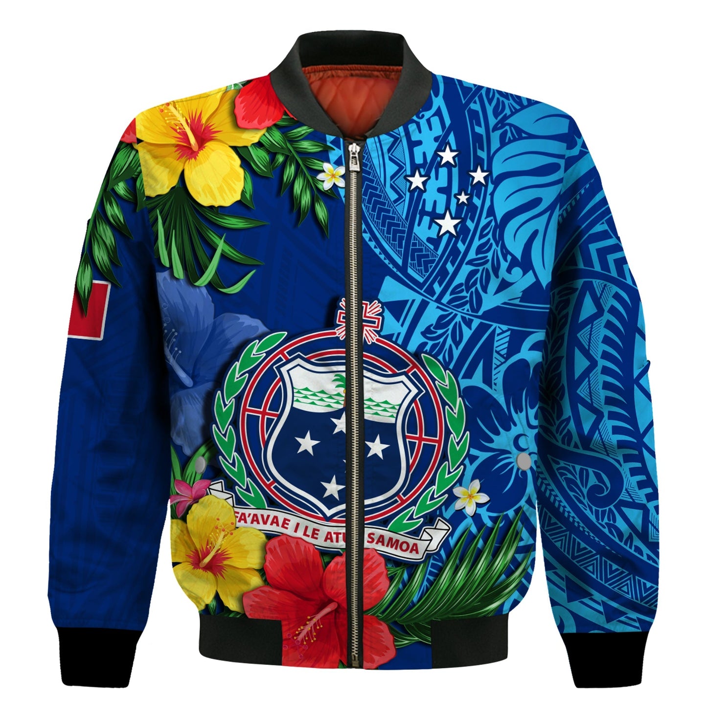 Samoa Bomber Jacket Coat Of Arms Mix Tropical Flowers
