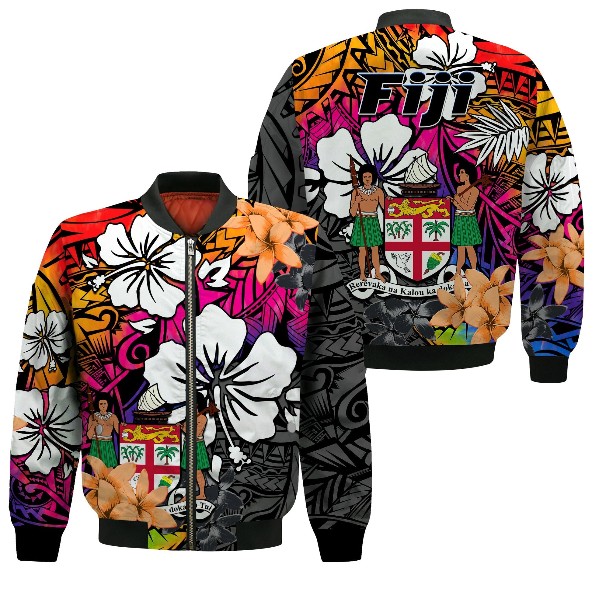 Fiji Tie Dye Bomber Jacket Polynesian Tribal Creative Tropical Flowers