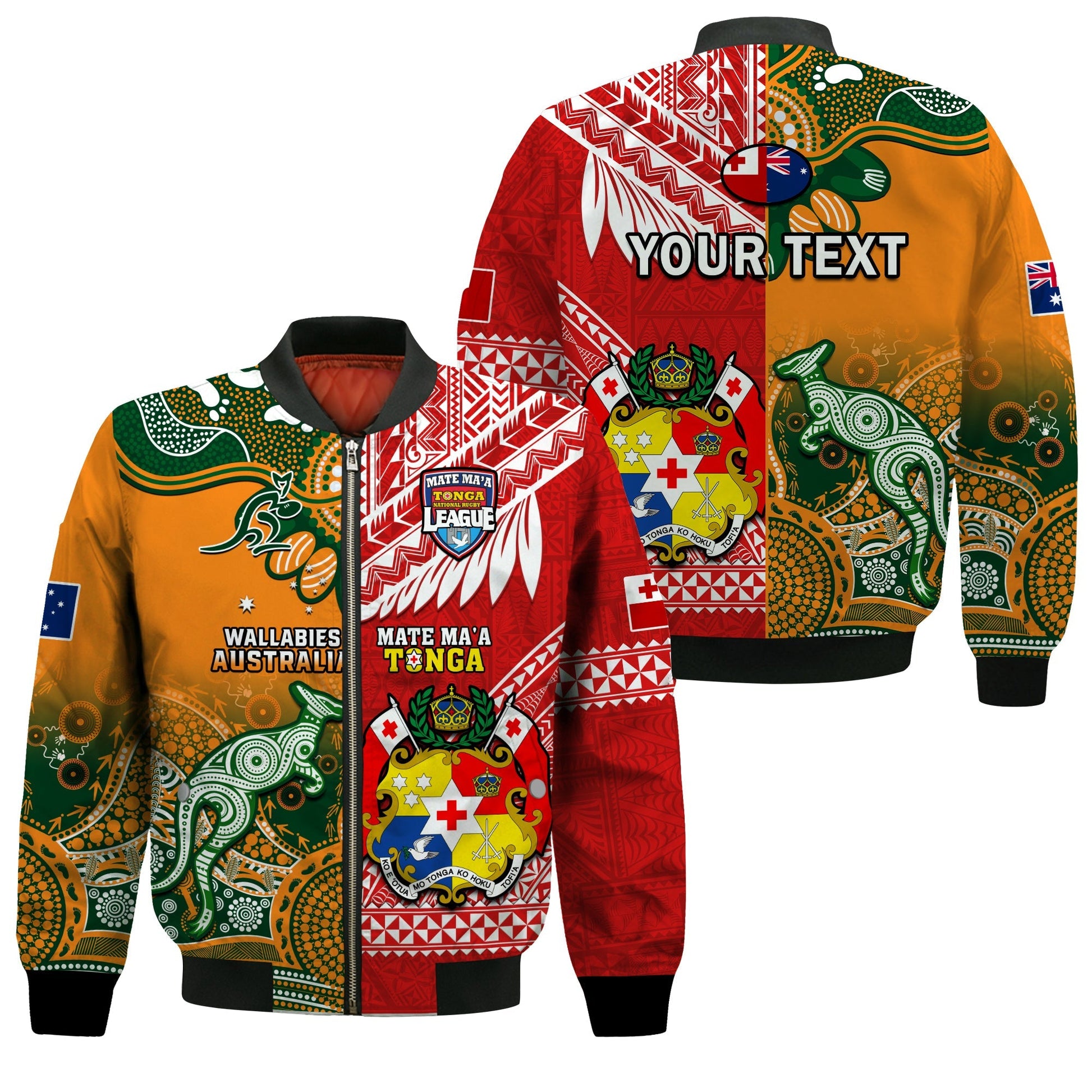 (Custom Personalised) Mate Maa Tonga And Wallabies Rugby Bomber Jacket Polynesian Mix Aboriginal