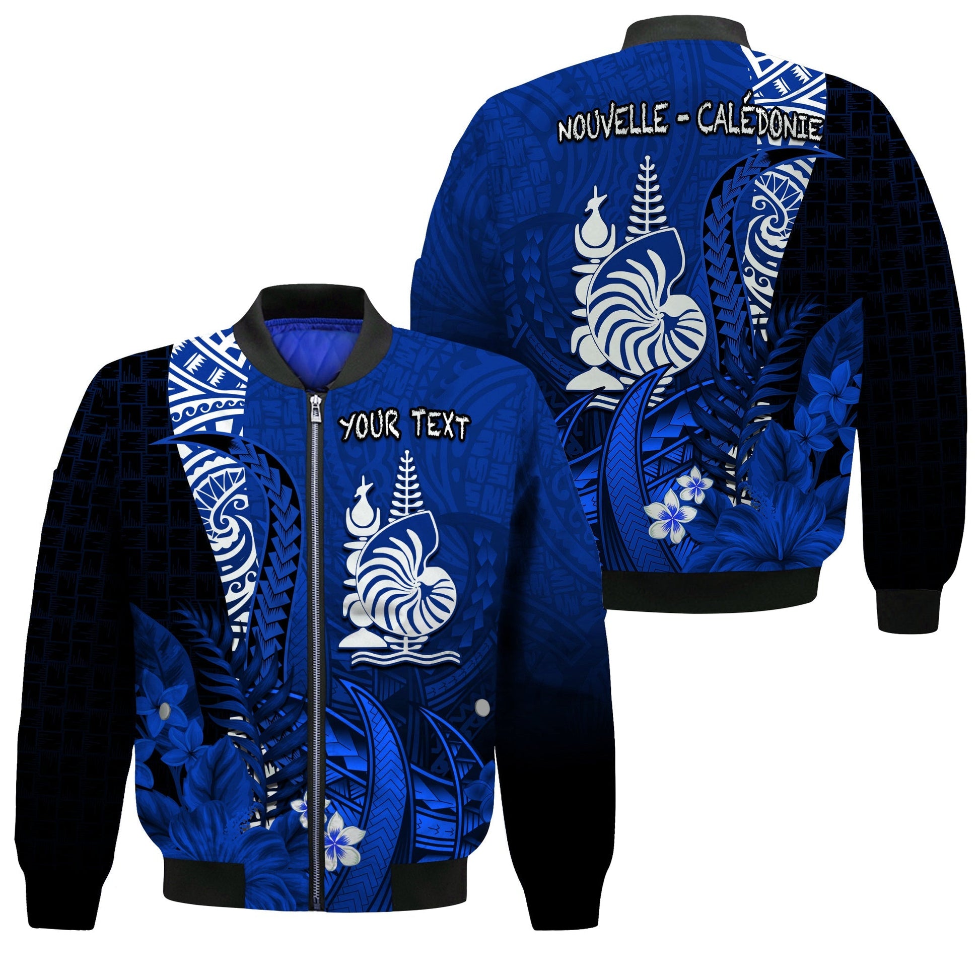 (Custom Personalised) New Caledonia Bomber Jacket Nautilus Blue Polynesian Hibiscus