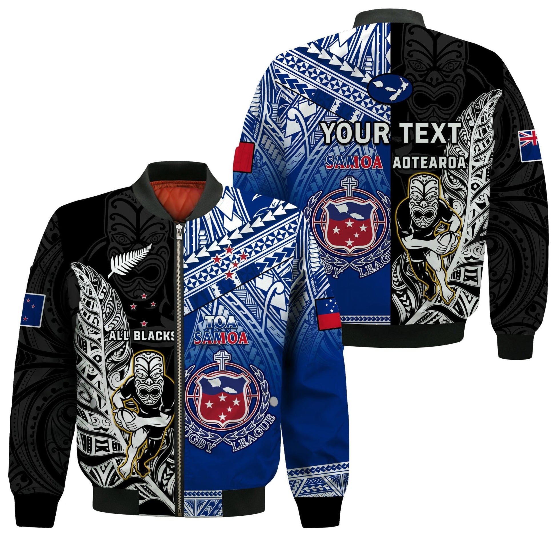 (Custom Personalised) All Black And Toa Samoa Rugby Bomber Jacket NZ Maori Fern Mix Polynesian