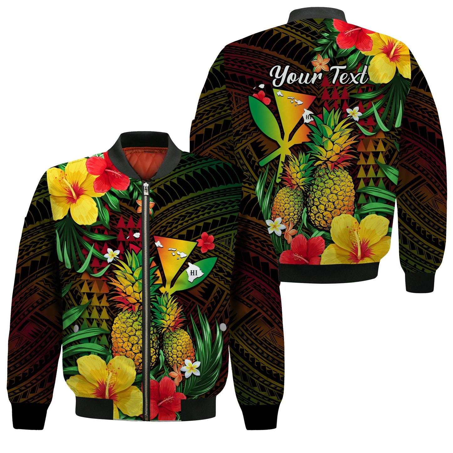 (Custom Personalised) Hawaii Bomber Jacket Pineapple Mix Kakau Reggae Kanaka