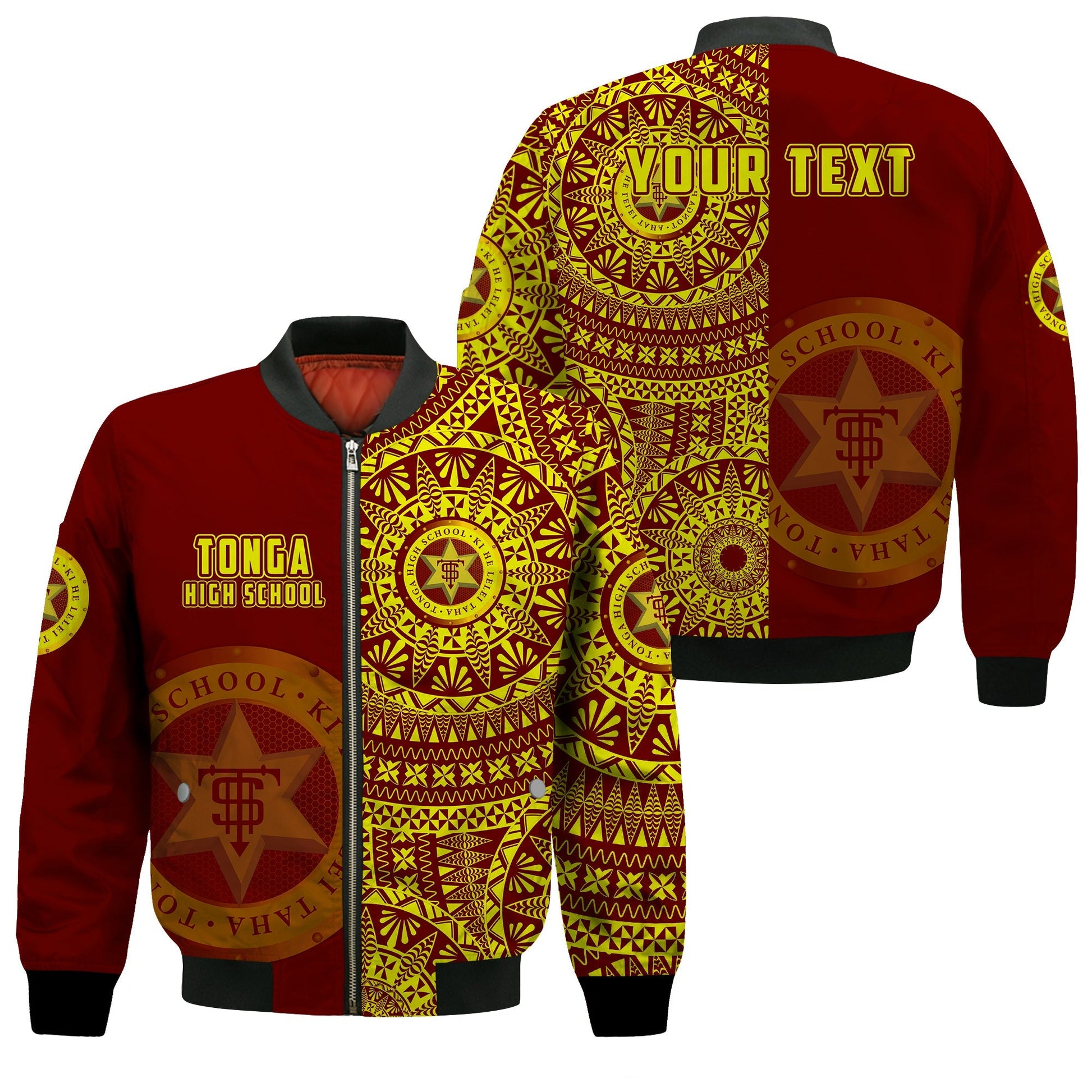 (Custom Personalised) Tonga High School Bomber Jacket Tongan Ngatu Pattern