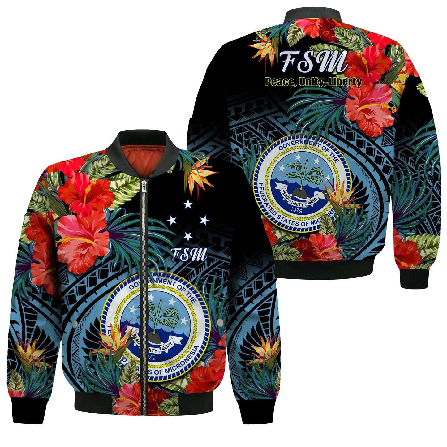 Federated States of Micronesia Bomber Jacket Hibiscus Flowers FSM Seal Polynesian