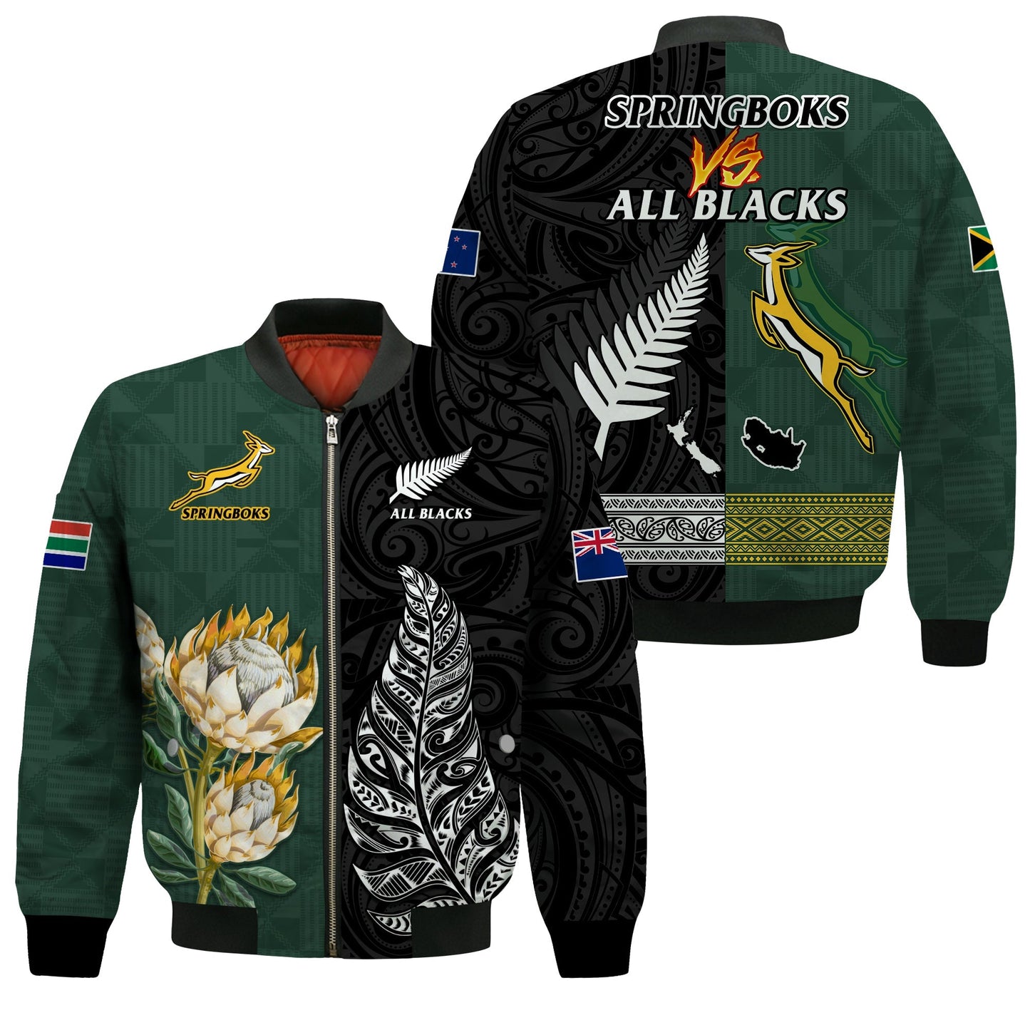 South Africa Protea and New Zealand Fern Bomber Jacket Rugby Go Springboks vs All Black