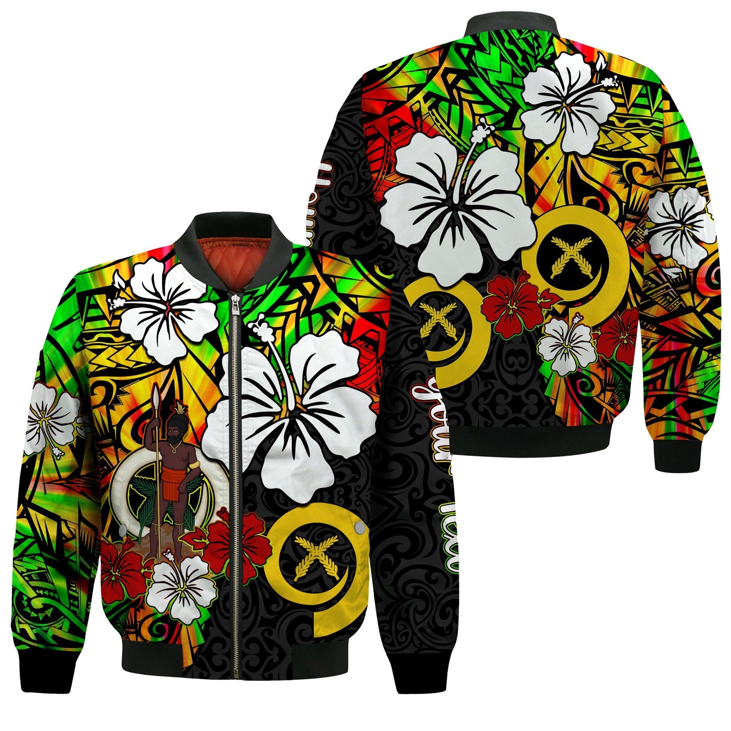 (Custom Personalised) Vanuatu Bomber Jacket Polynesia Tie Dye Hibiscus Flowers