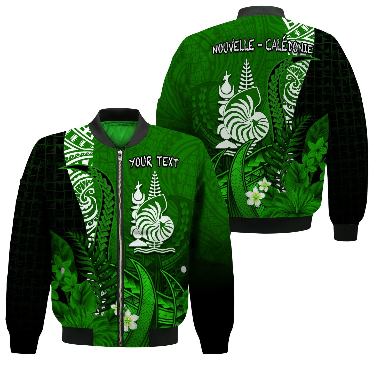 (Custom Personalised) New Caledonia Bomber Jacket Nautilus Green Polynesian Hibiscus