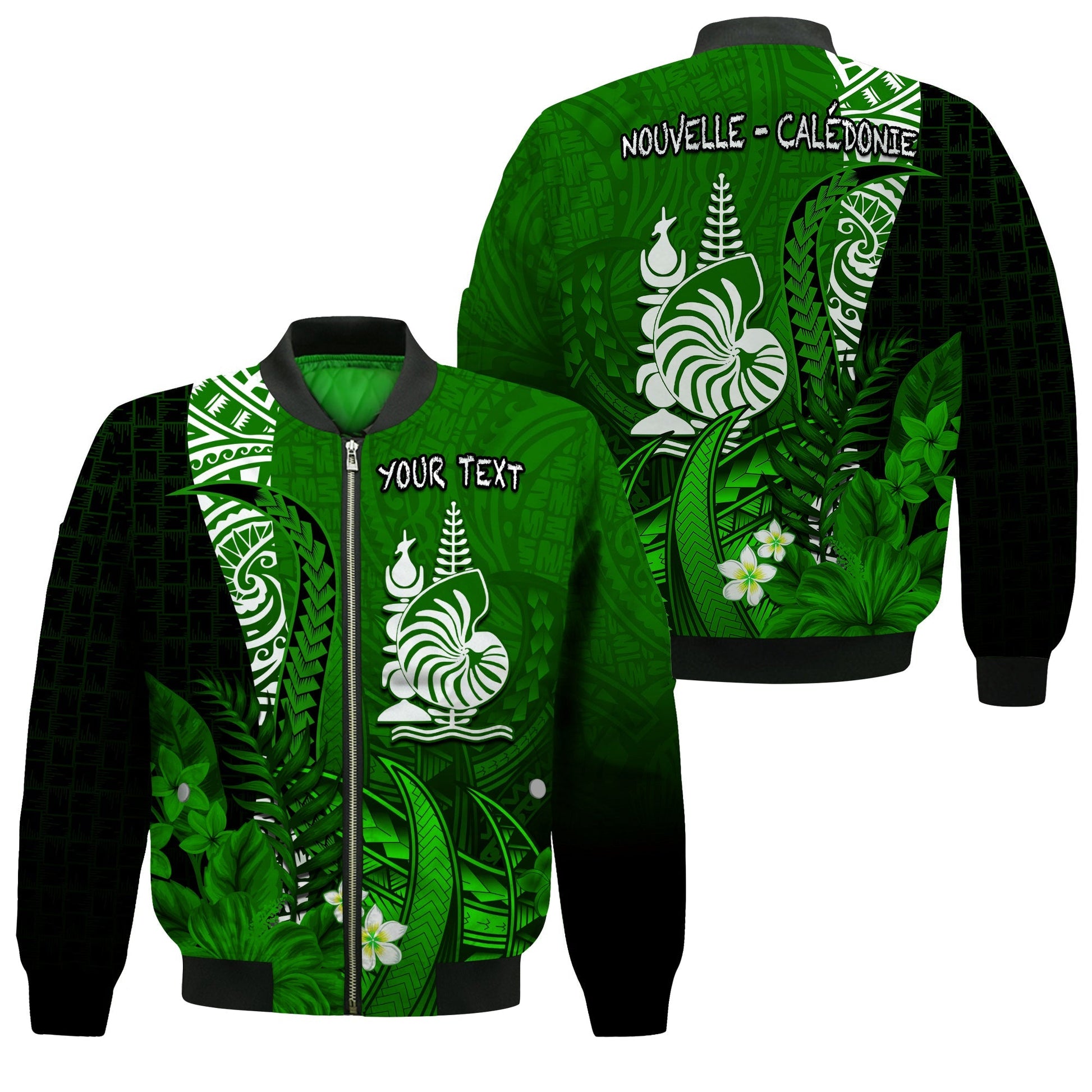 (Custom Personalised) New Caledonia Bomber Jacket Nautilus Green Polynesian Hibiscus