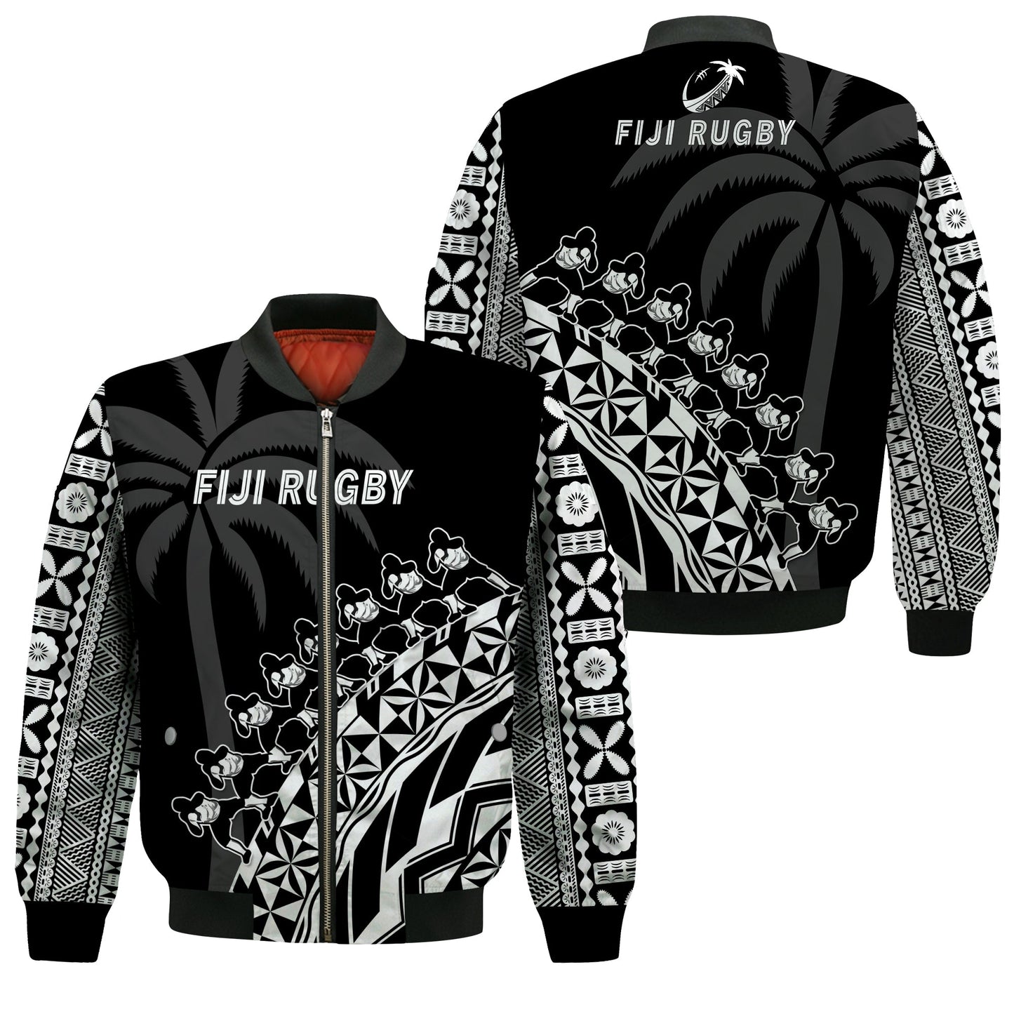 Fiji Rugby Bomber Jacket Fijian Cibi Dance Tapa Pattern Black