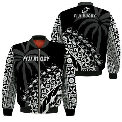 Fiji Rugby Bomber Jacket Fijian Cibi Dance Tapa Pattern Black