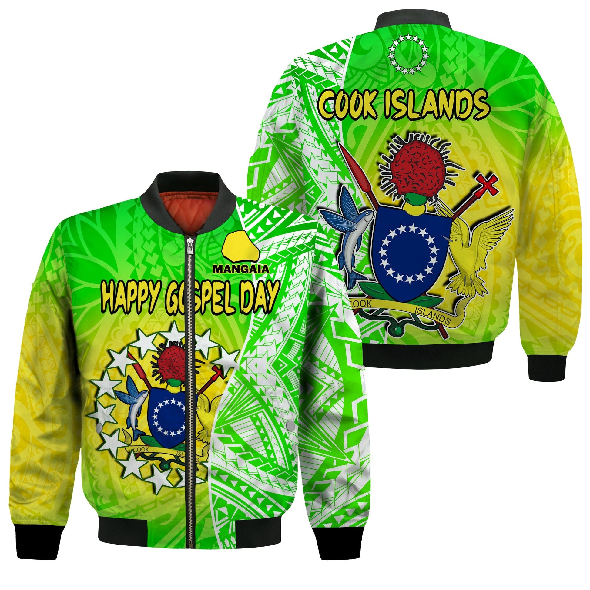Happy Mangaia Gospel Day Bomber Jacket Cook Islands Coat Of Arms Polynesian Pattern