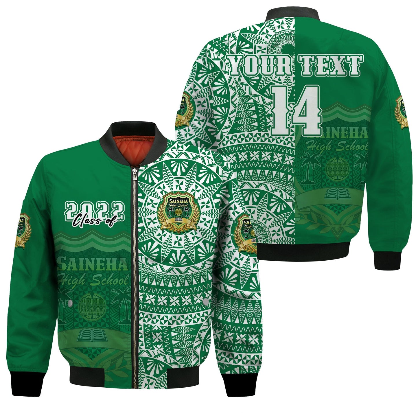 (Custom Text And Number) Tonga Saineha High School Bomber Jacket Class Of Year Tongan Ngatu Pattern