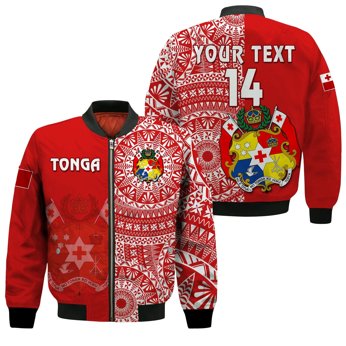(Custom Text And Number) Tonga Bomber Jacket Tongan Coat Of Arms Ngatu Pattern