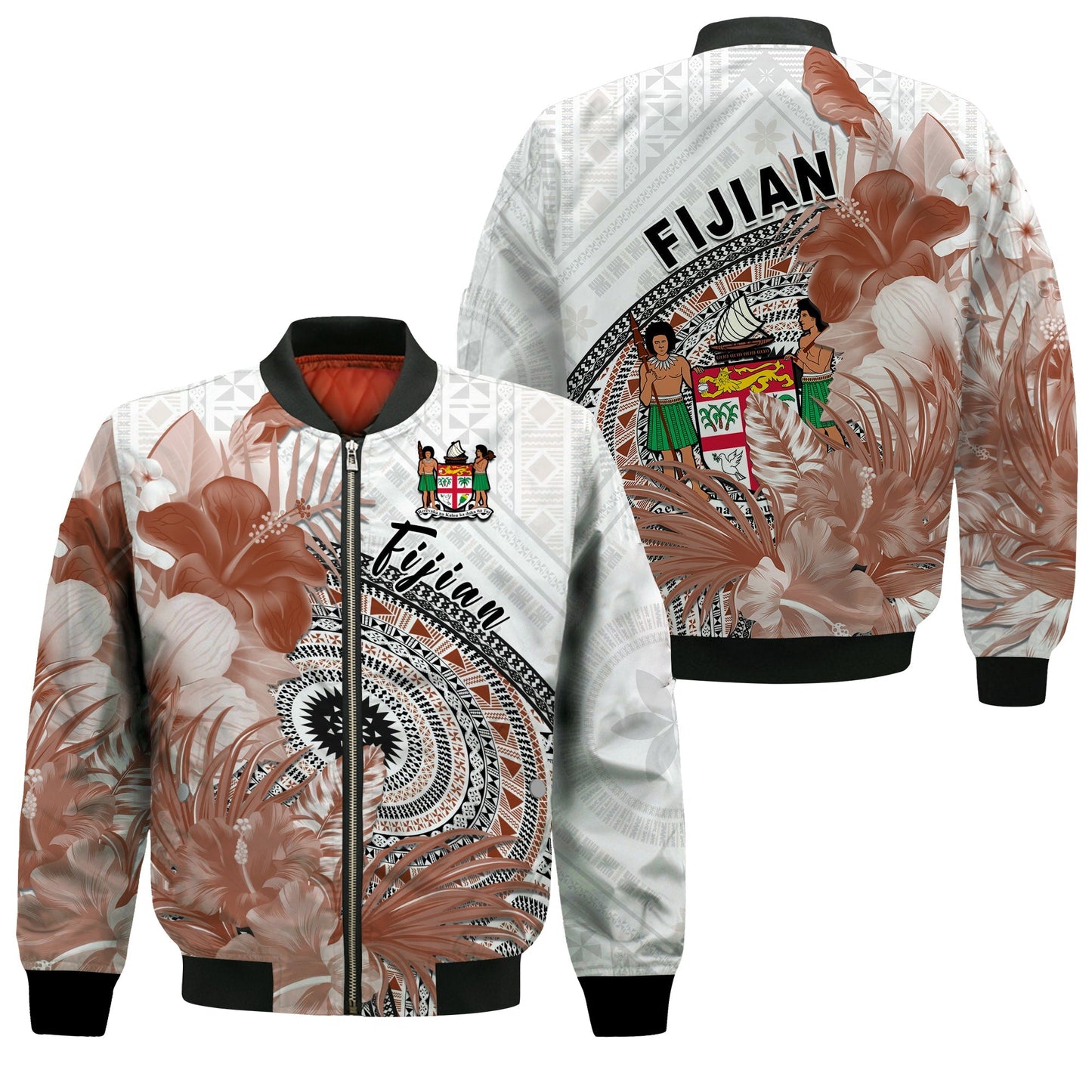 Fiji Tapa Bomber Jacket White Fijian Masi Be Loved Hibiscus