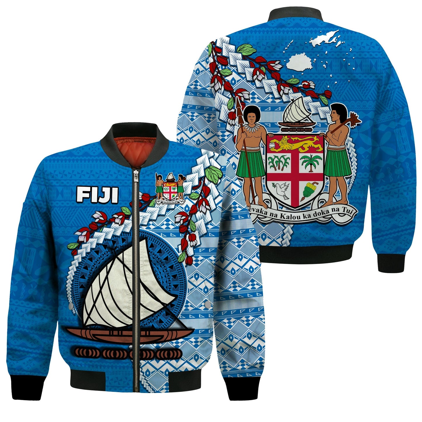 Fiji Bomber Jacket Fijian Drua Mix Tagimaucia Flower Blue Style