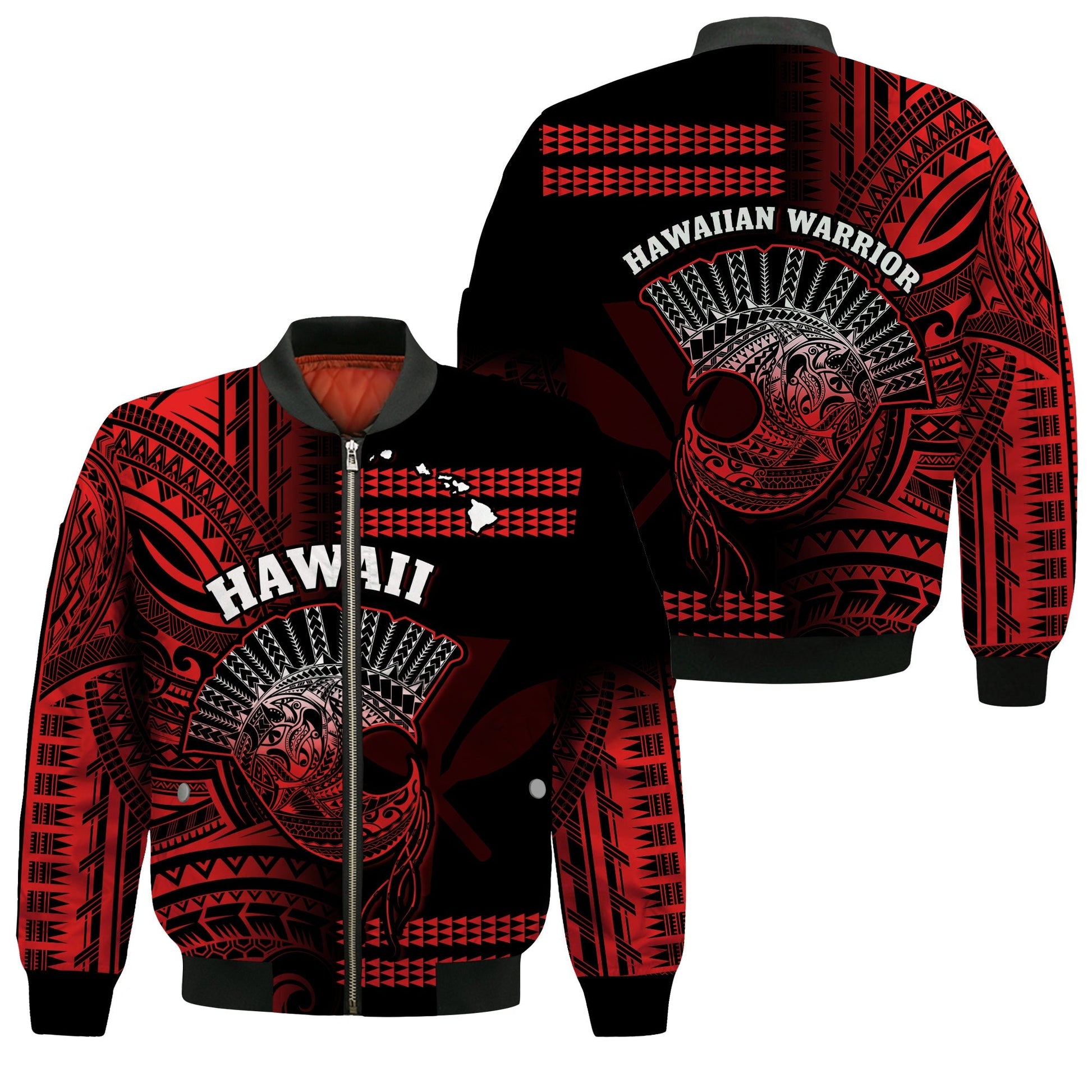 Hawaii Bomber Jacket Kakau Warrior Helmet Gradient Red Polynesian