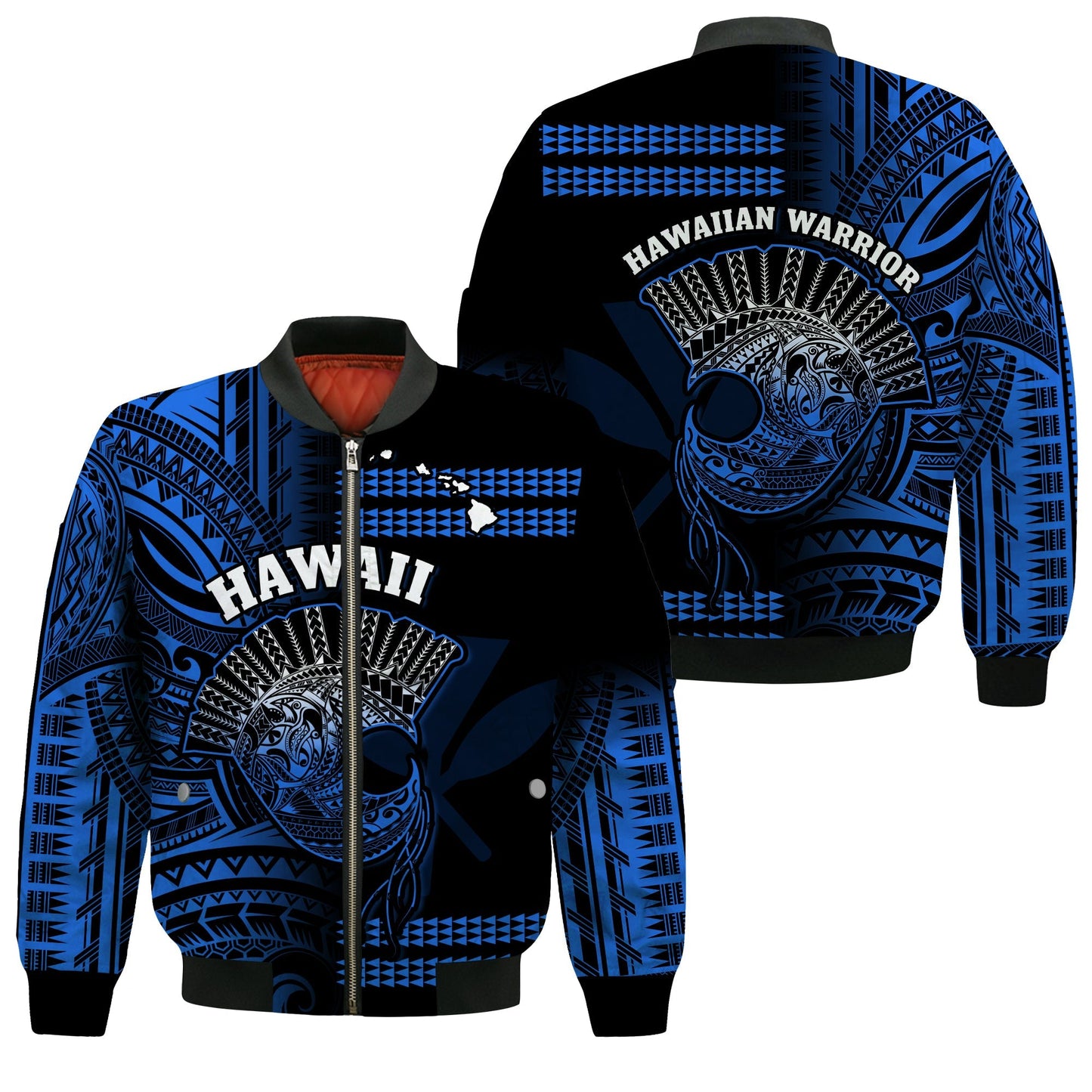 Hawaii Bomber Jacket Kakau Warrior Helmet Gradient Blue Polynesian