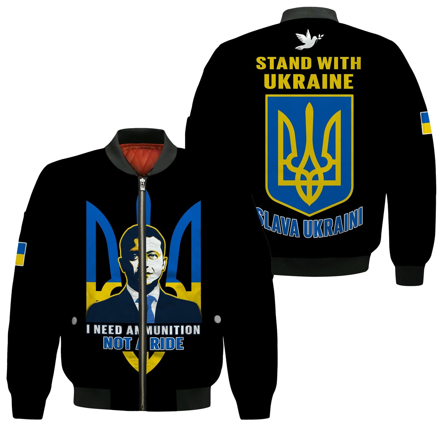 Ukraine Bomber Jacket Ukraine Gold Trident Slava Ukraini Black