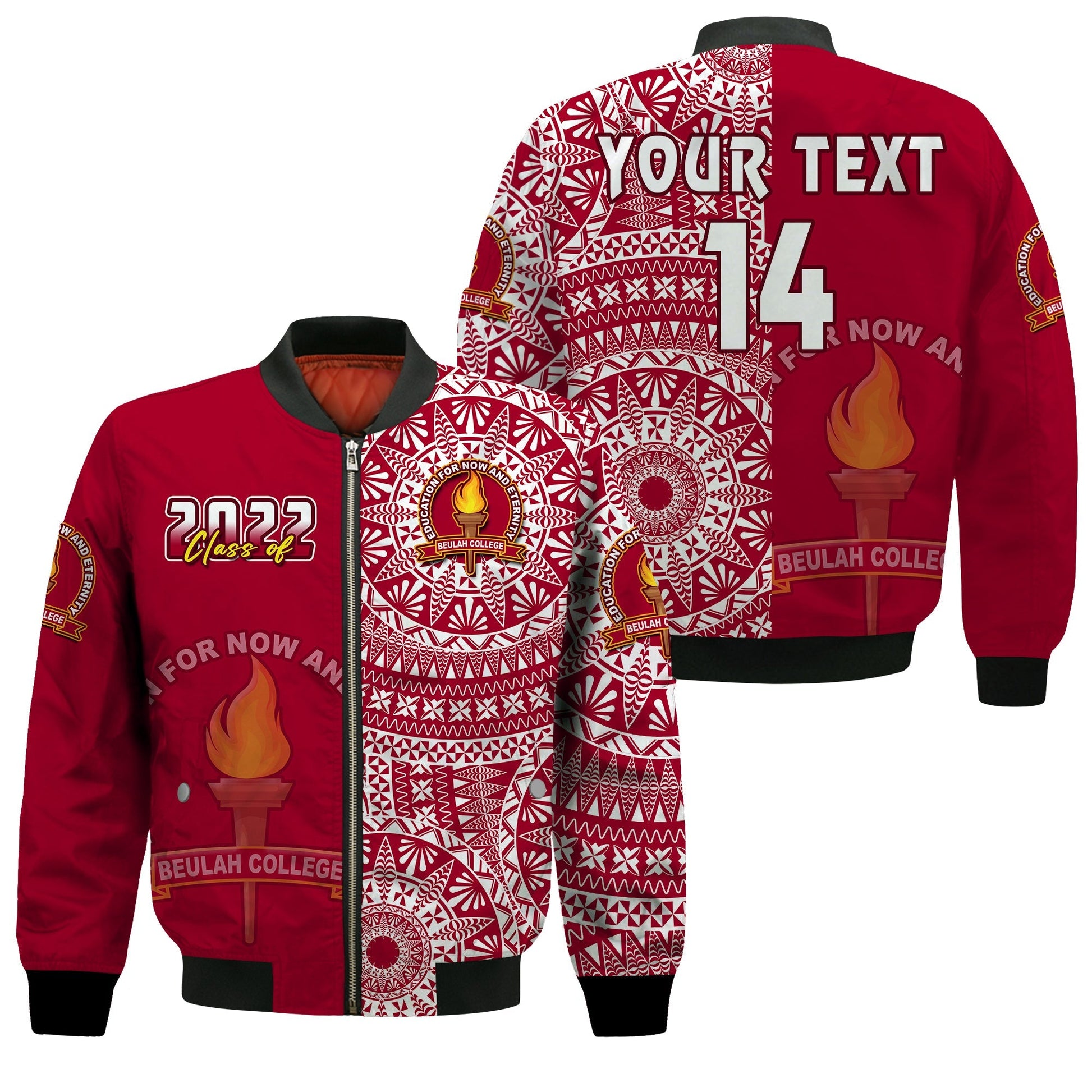 (Custom Text And Number) Beulah Tonga College Bomber Jacket Class Of Year Tongan Ngatu Pattern